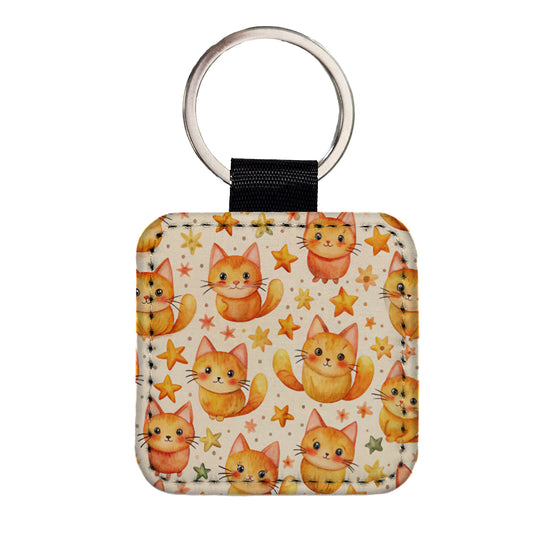 Sweet Orange Cats Yellow Stars Square Faux Leather Keychain