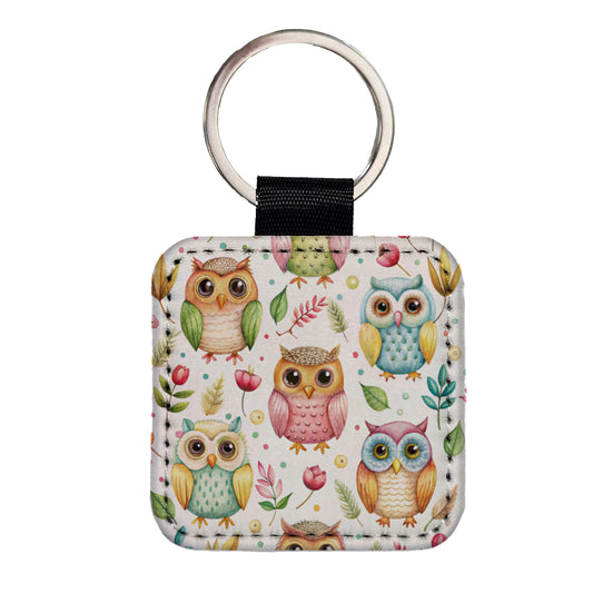 Sweet Owls Square Faux Leather Keychain