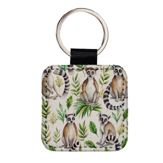 Sweet Ringtail Lemurs Square Faux Leather Keychain