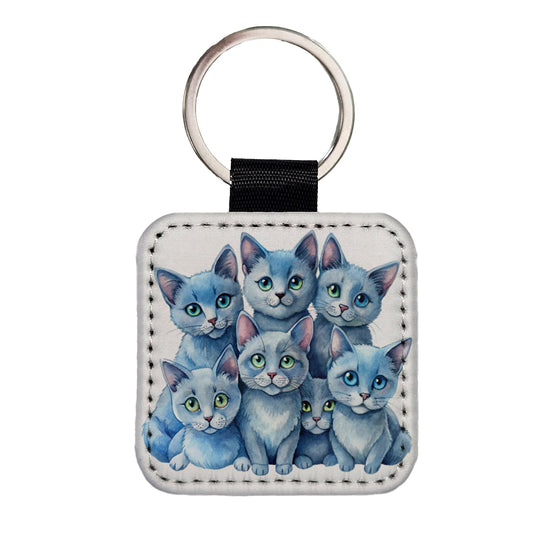 Sweet Russian Blue Cats Square Faux Leather Keychain