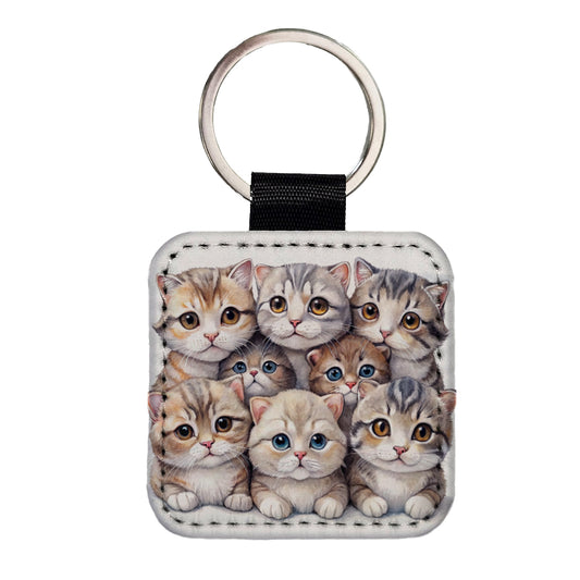Sweet Scottish Fold Cats Square Faux Leather Keychain