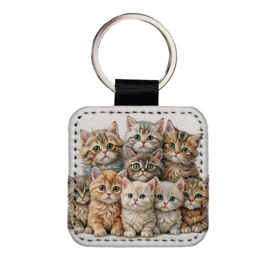 Sweet Selkirk Rex Cats Square Faux Leather Keychain