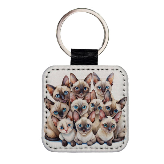Sweet Siamese Cats Square Faux Leather Keychain