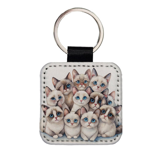 Sweet Snowshoe Cats Square Faux Leather Keychain