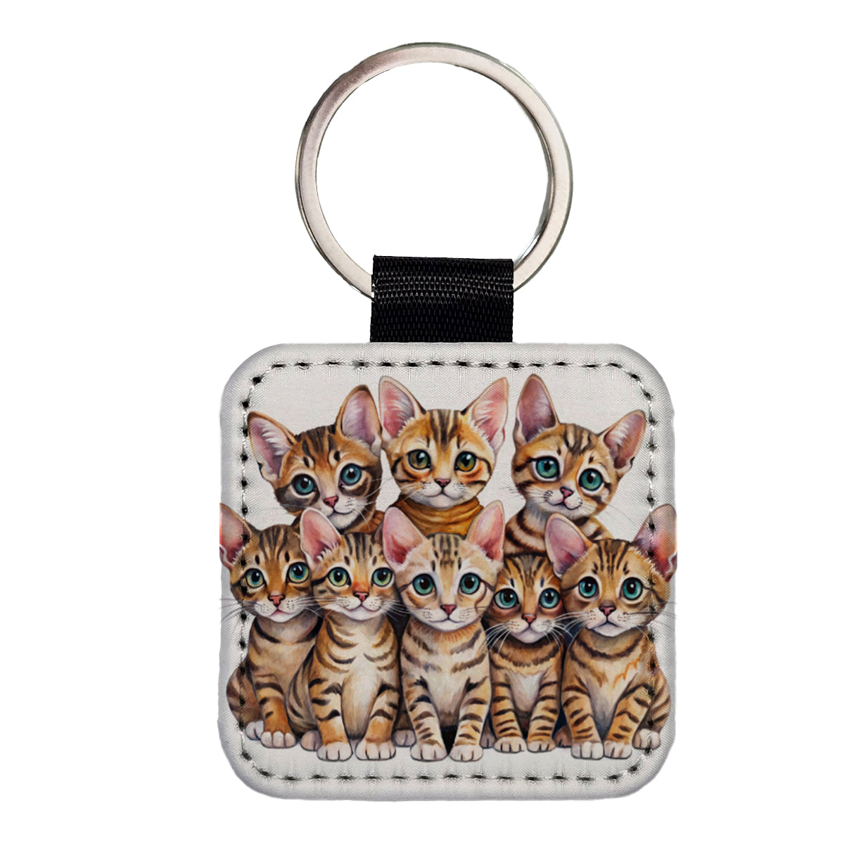 Sweet Toyger Cats Square Faux Leather Keychain