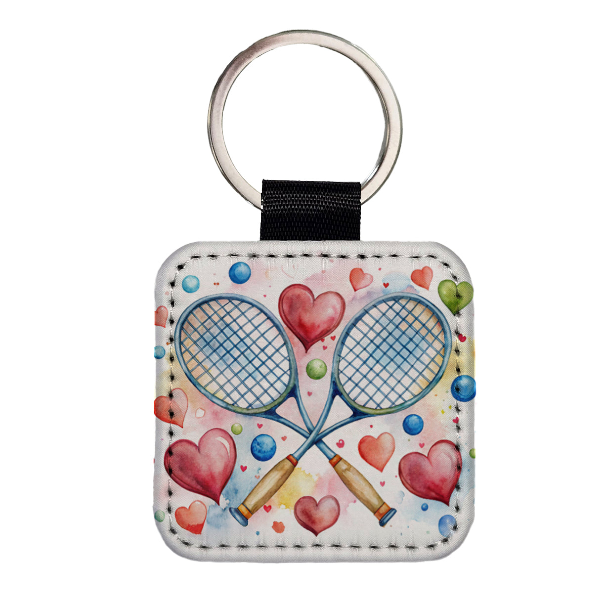Tennis Rackets Crossed With Hearts Watercolor Square Faux Leather Keychain