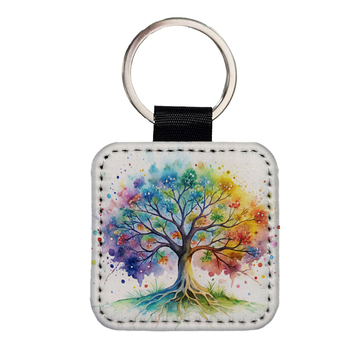 Tree Of Life Rainbow Watercolor Square Faux Leather Keychain