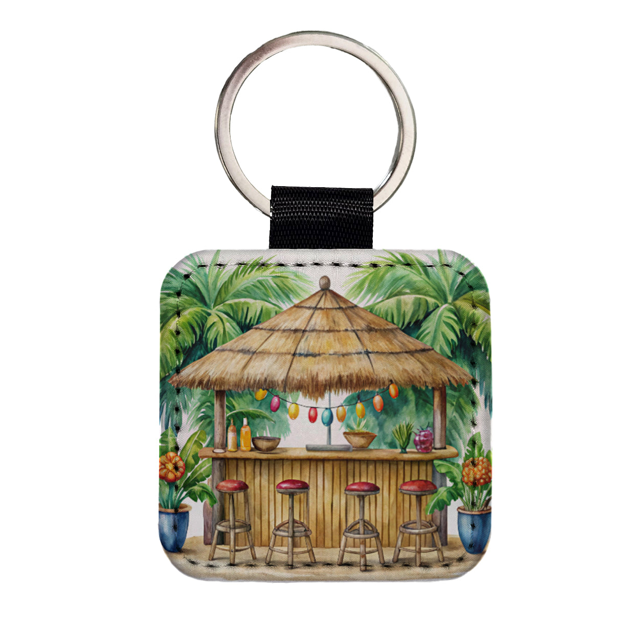 Tropical Resort Beach Tiki Bar Watercolor Square Faux Leather Keychain