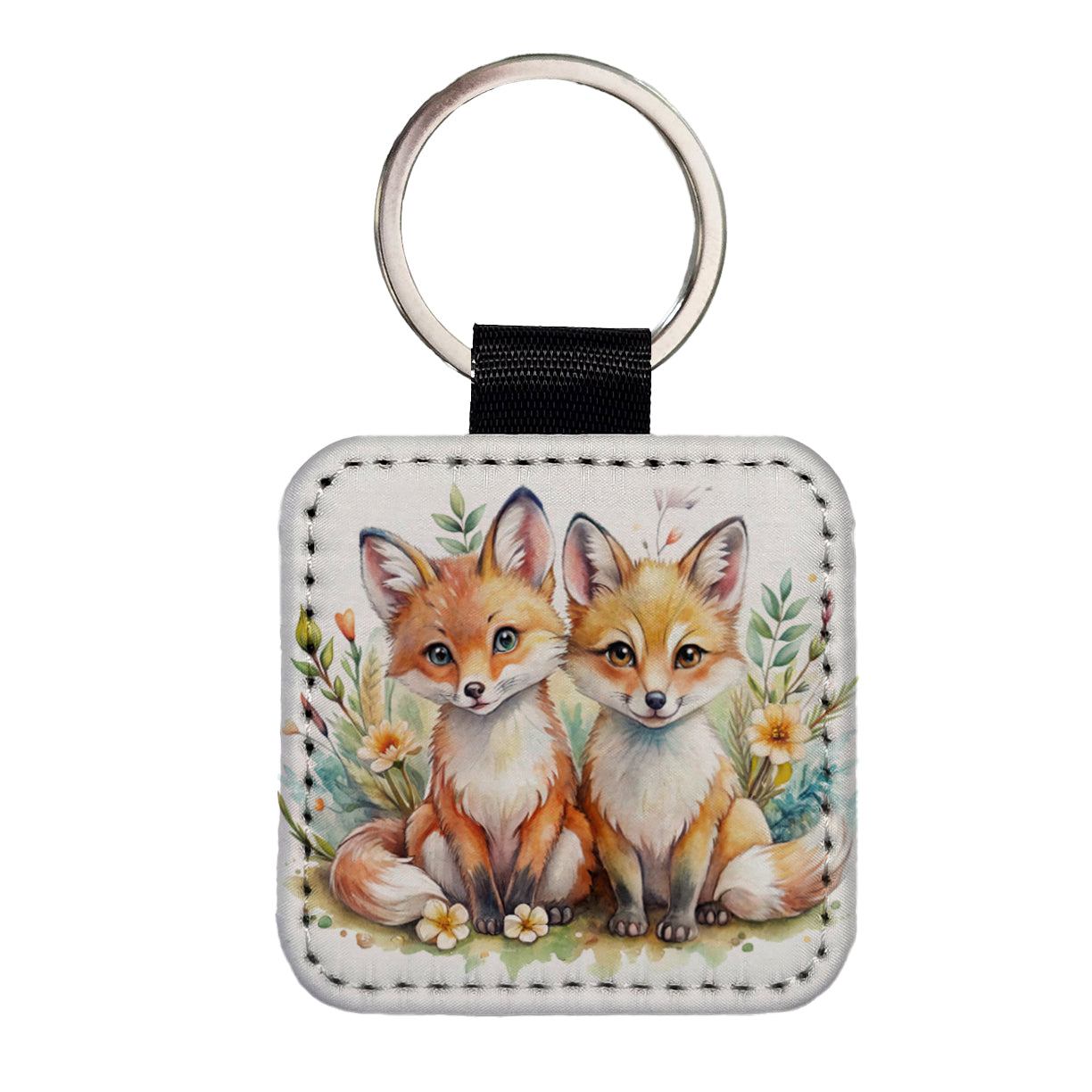 Two Sweet Foxes Square Faux Leather Keychain