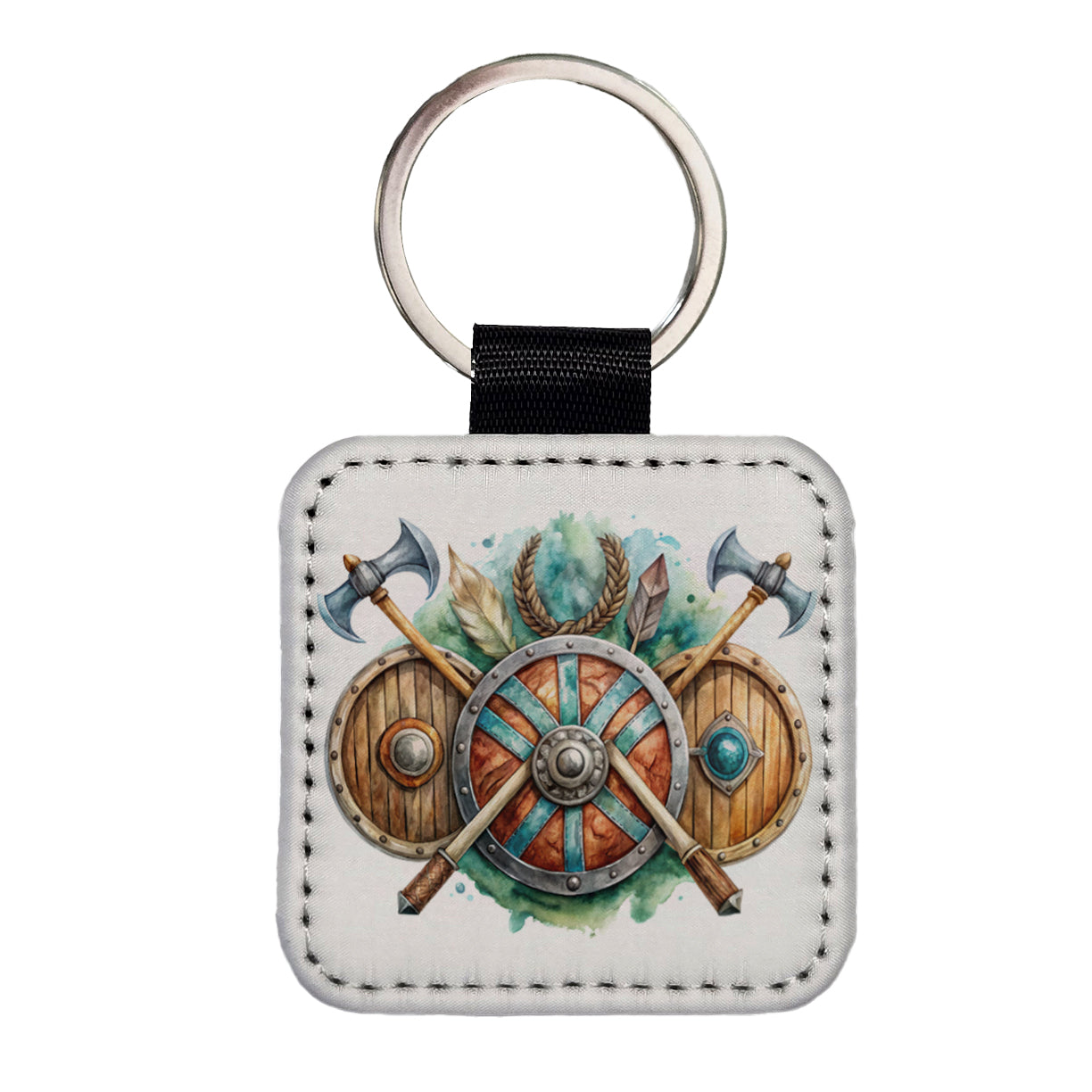 Viking Symbols Shields Axes Watercolor Square Faux Leather Keychain