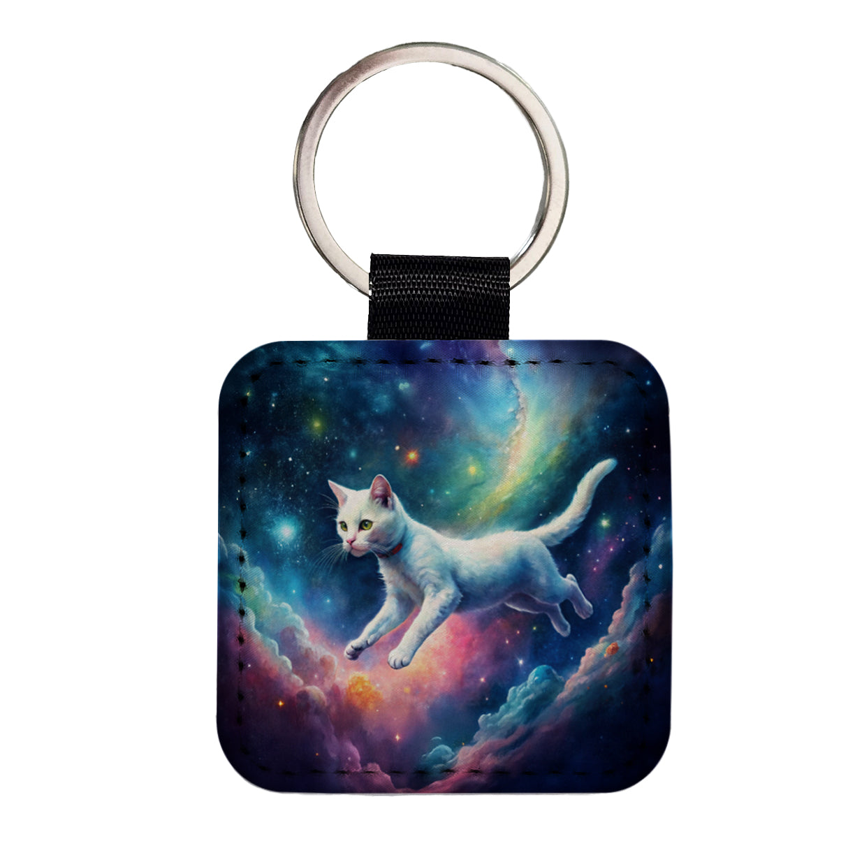 White Cat Flying Through Space Funny Watercolor Square Faux Leather Keychain