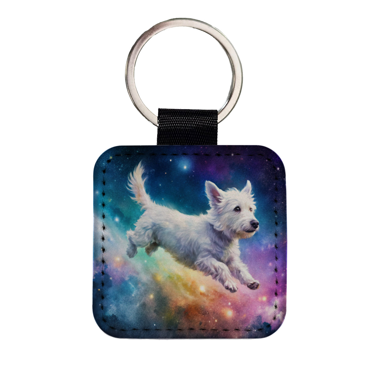 White Dog Flying Through Space Funny Watercolor Square Faux Leather Keychain