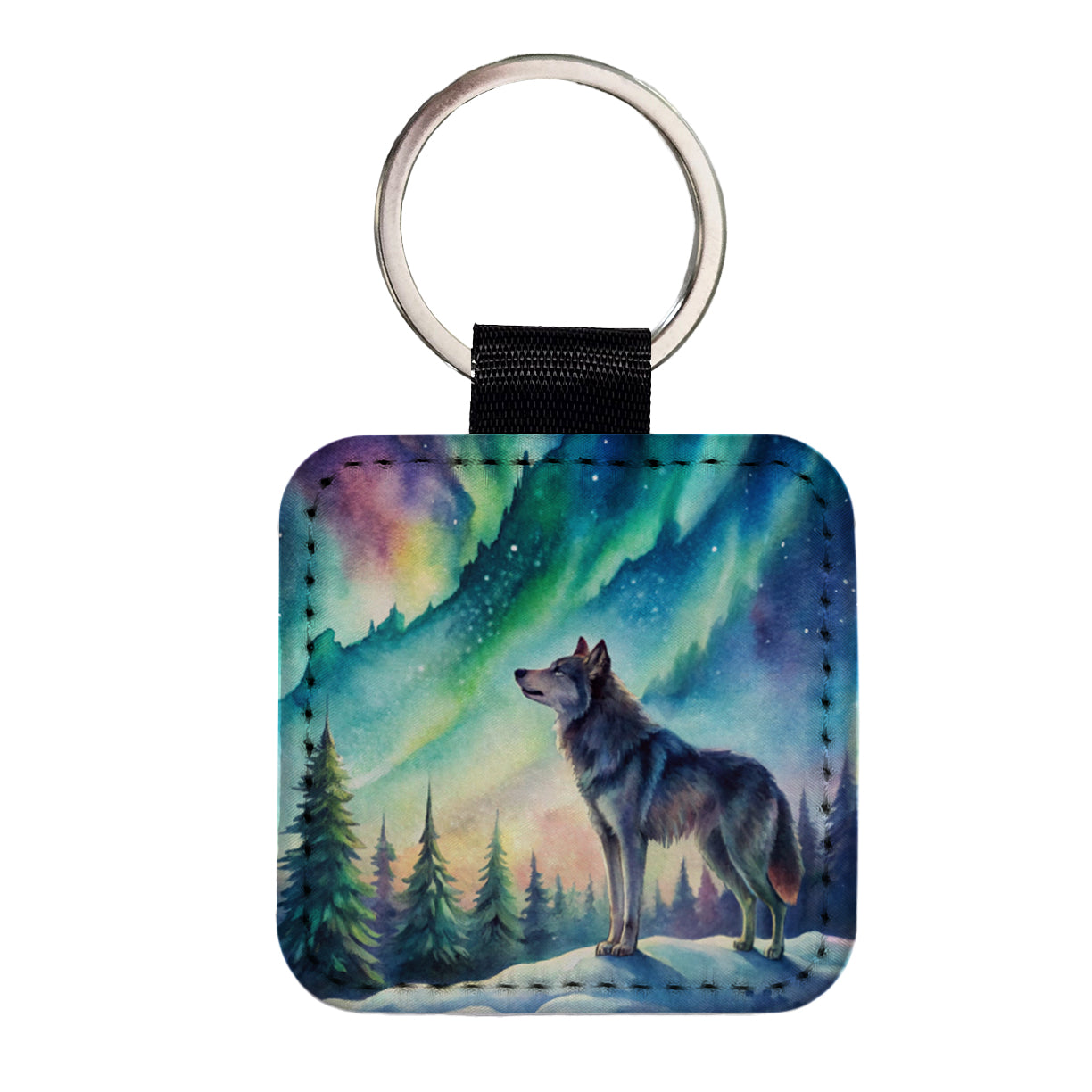 Wolf And Northern Lights Watercolor Square Faux Leather Keychain