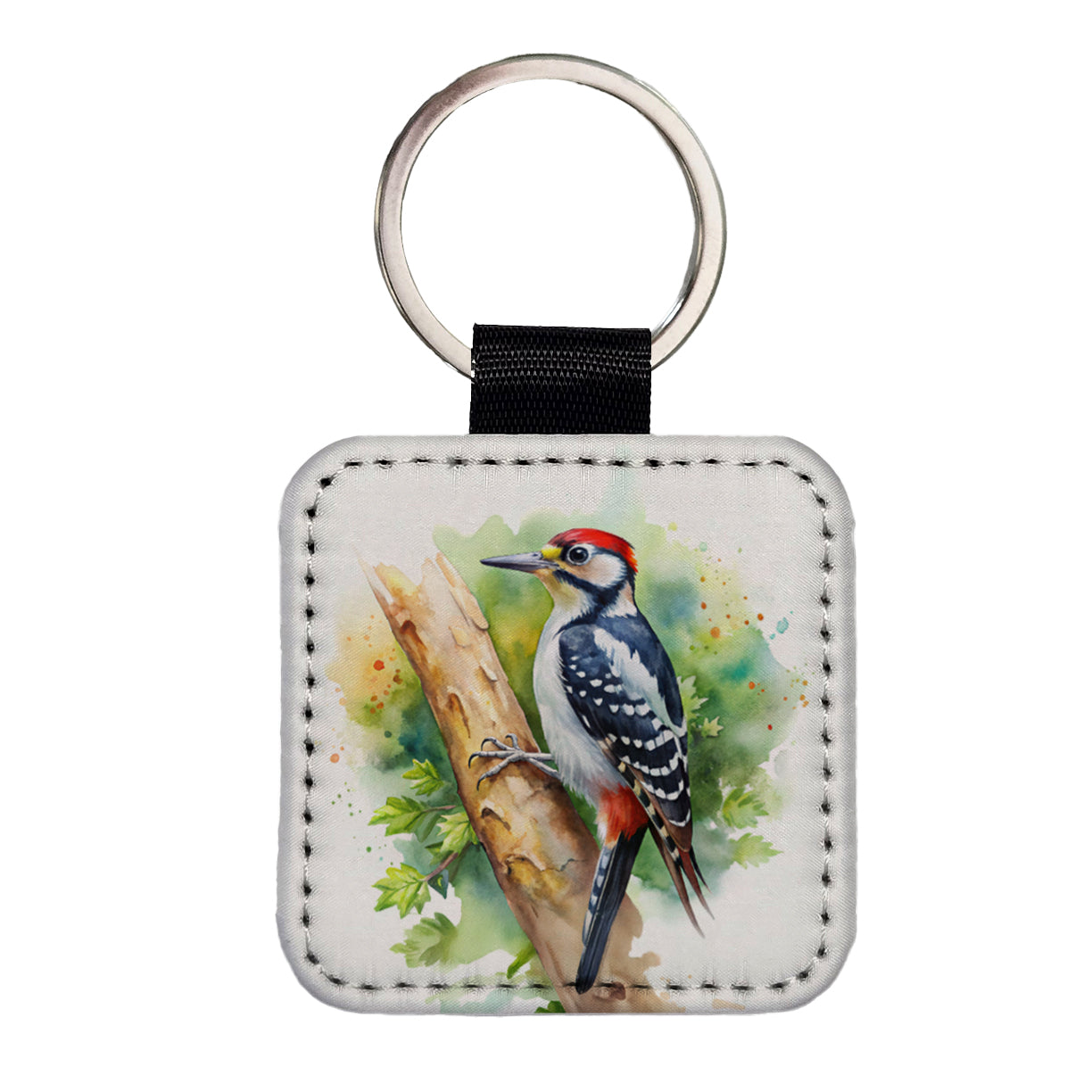 Woodpecker In Tree Bird Watercolor Square Faux Leather Keychain
