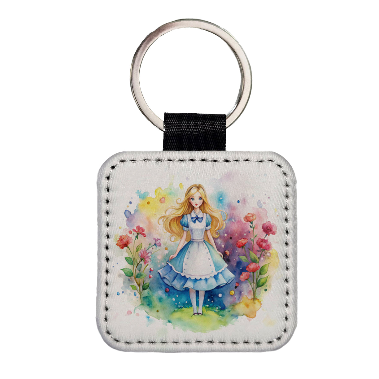 Alice In Wonderland Watercolor Square Faux Leather Keychain