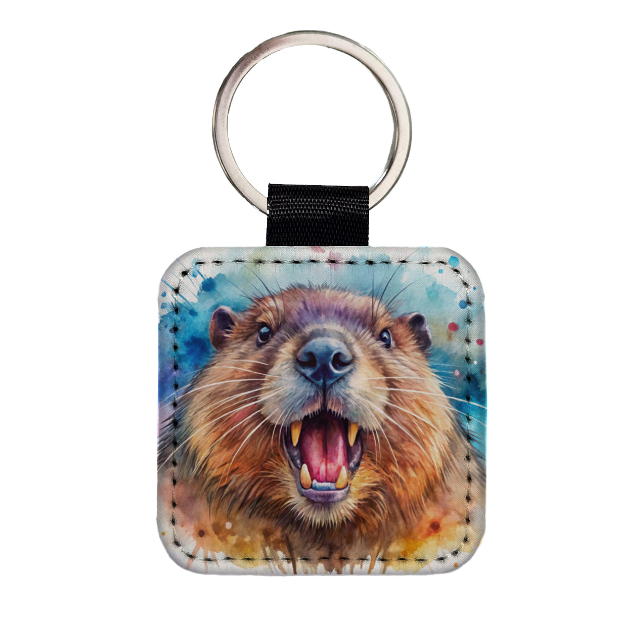 Angry Beaver Watercolor Square Faux Leather Keychain
