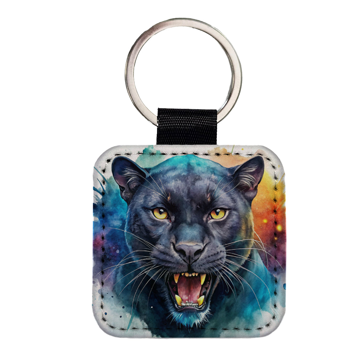 Angry Black Panther Watercolor Square Faux Leather Keychain