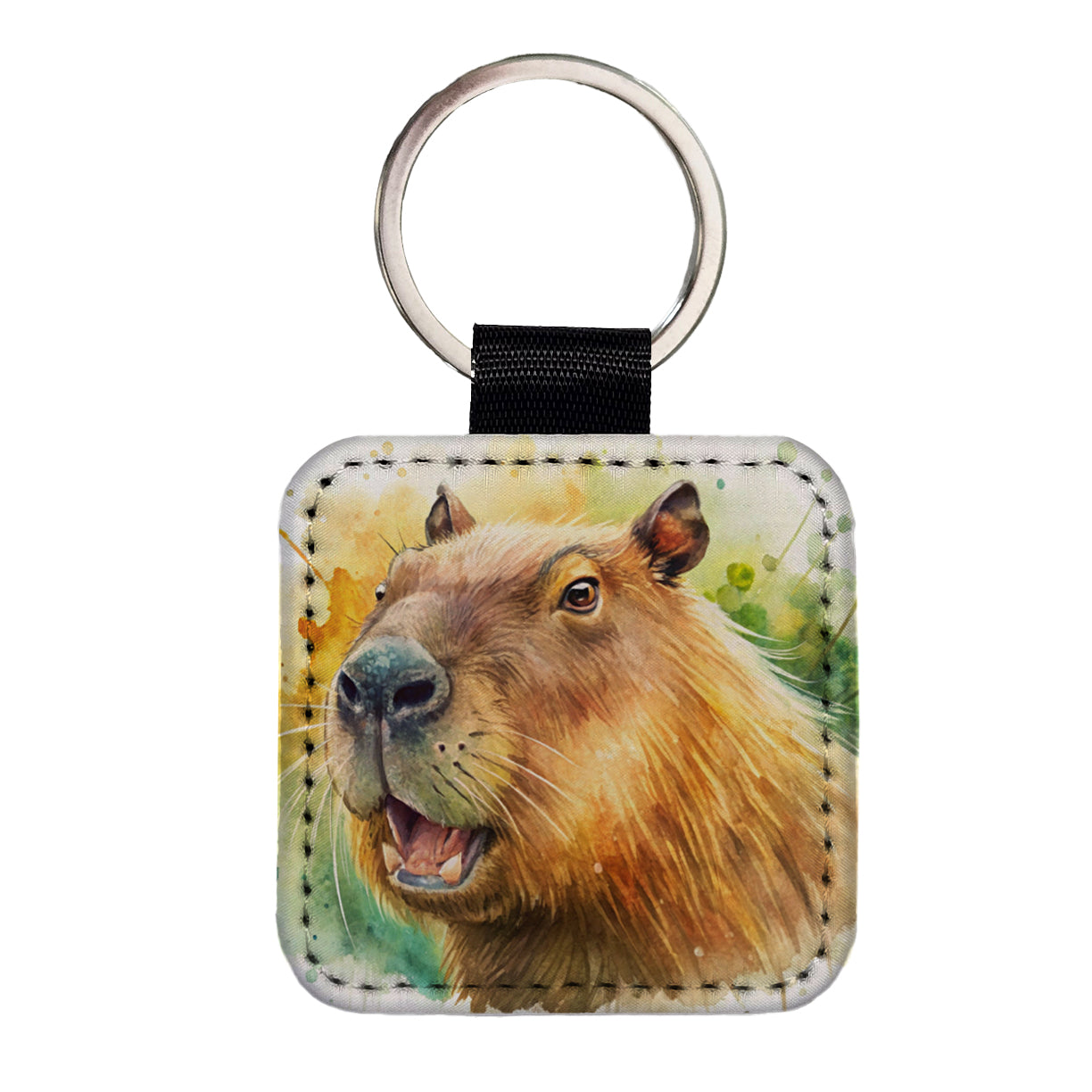 Angry Capybara Watercolor Square Faux Leather Keychain