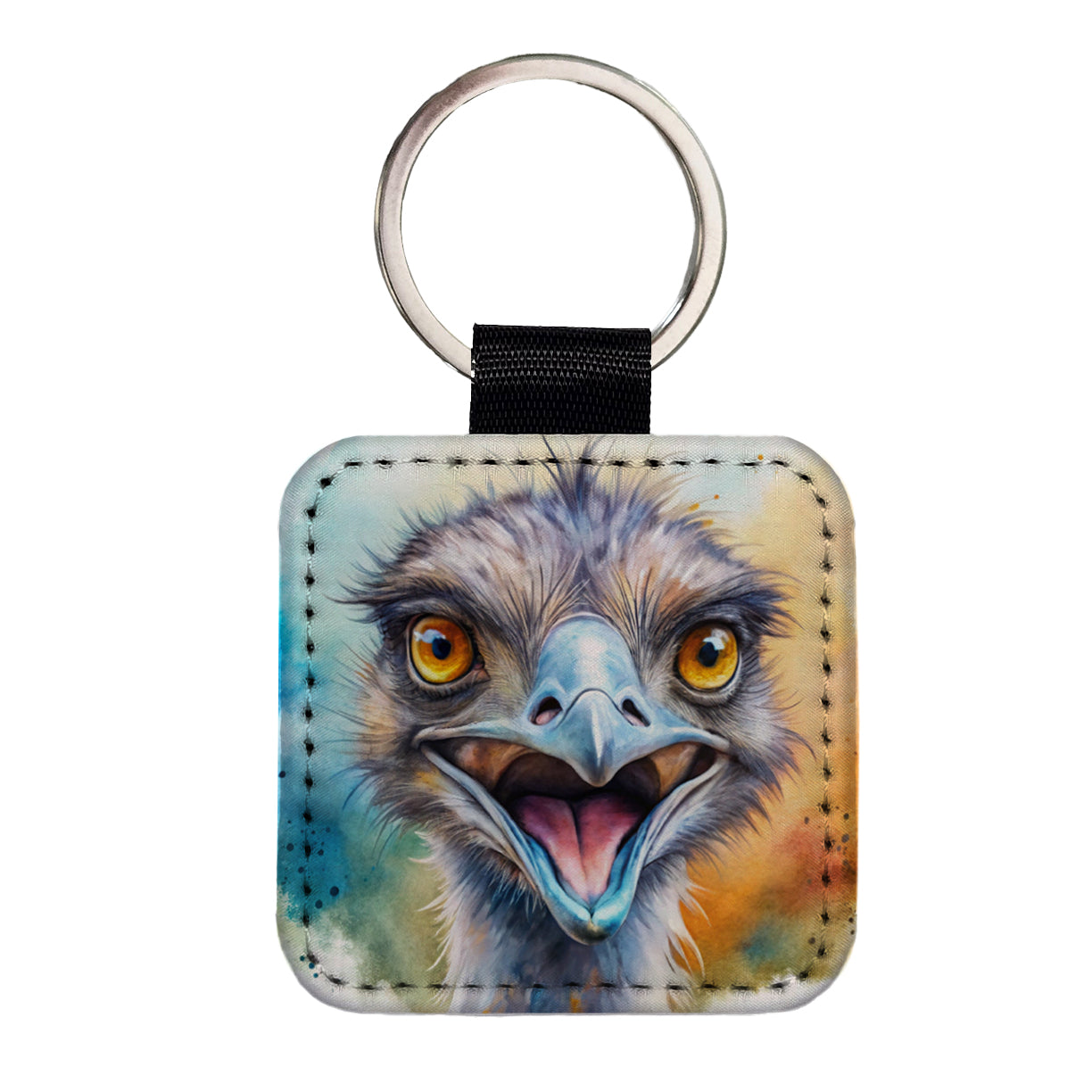 Angry Emu Watercolor Square Faux Leather Keychain