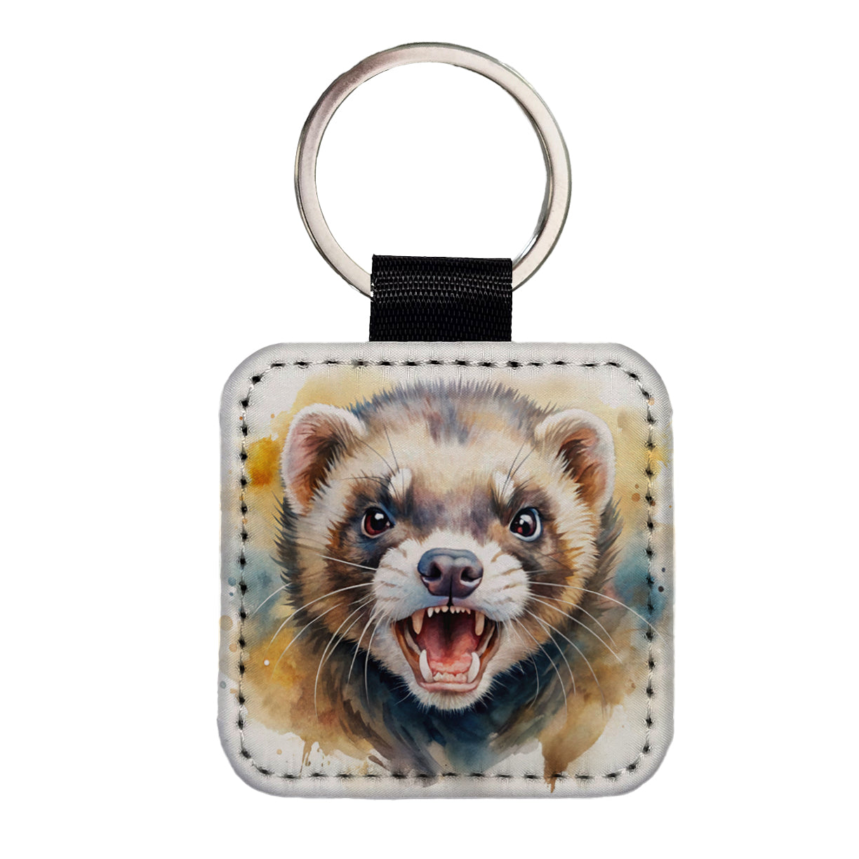 Angry Ferret Watercolor Square Faux Leather Keychain