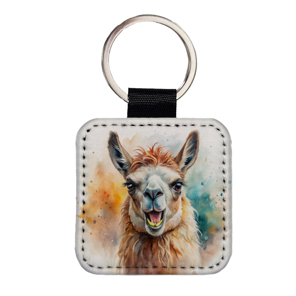 Angry Llama Watercolor Square Faux Leather Keychain