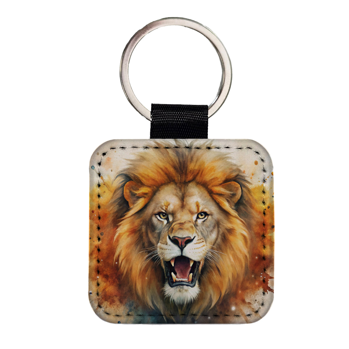 Angry Male Lion Watercolor Square Faux Leather Keychain