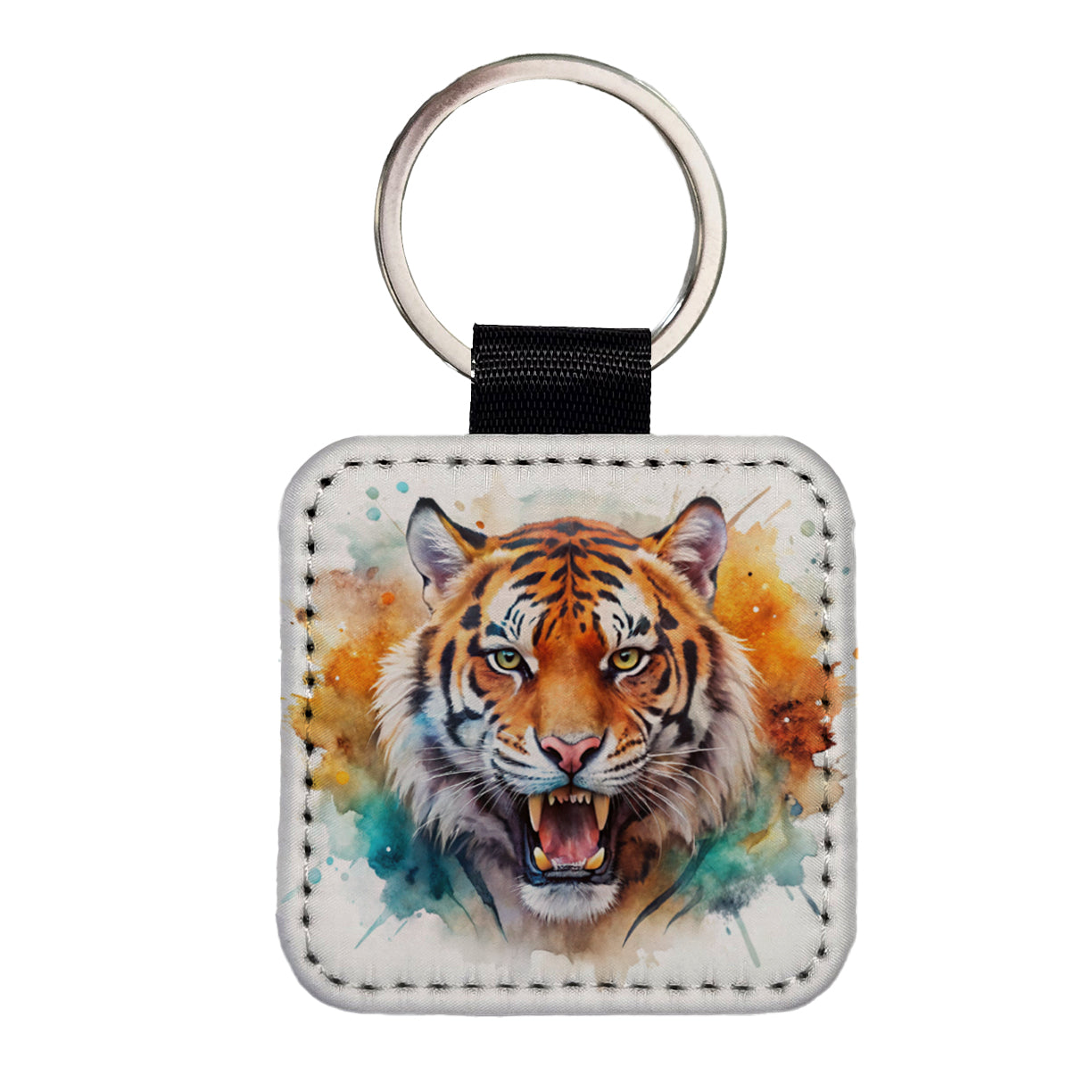 Angry Tiger Watercolor Square Faux Leather Keychain
