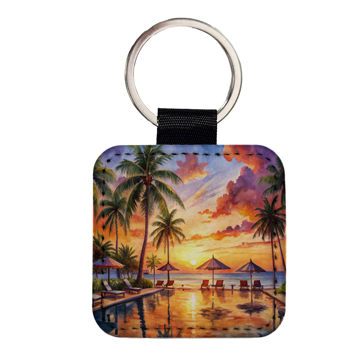 Beach Resort At Sunset Sunrise Tropical Watercolor Square Faux Leather Keychain