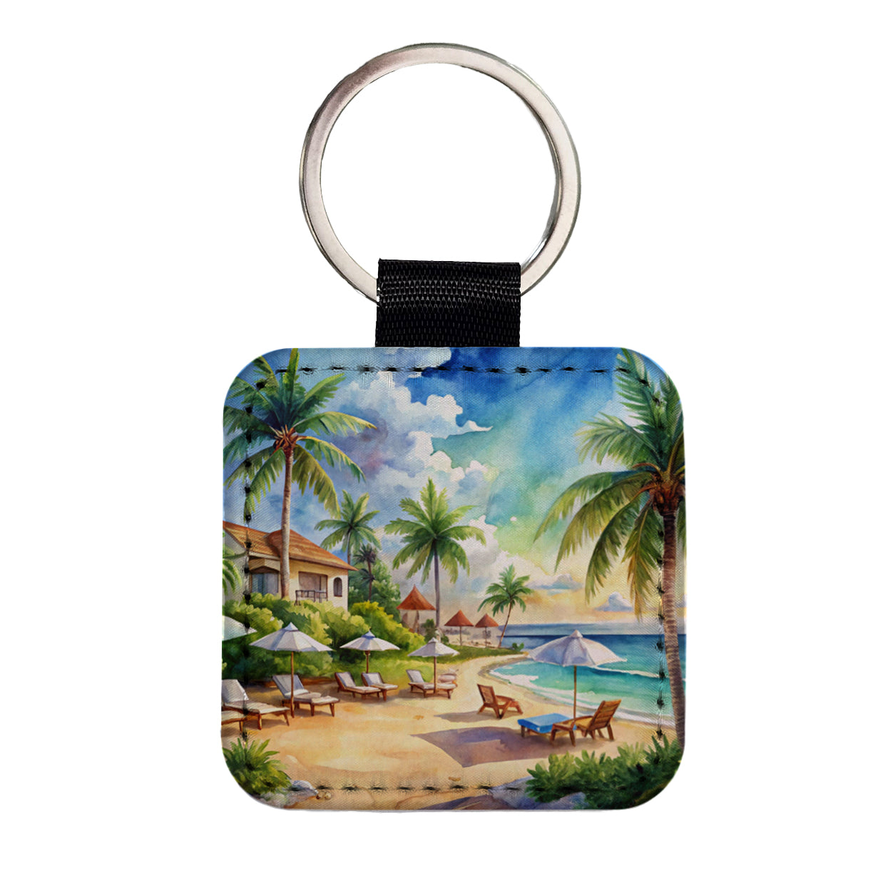 Beach Resort Tropical Scene Watercolor Square Faux Leather Keychain