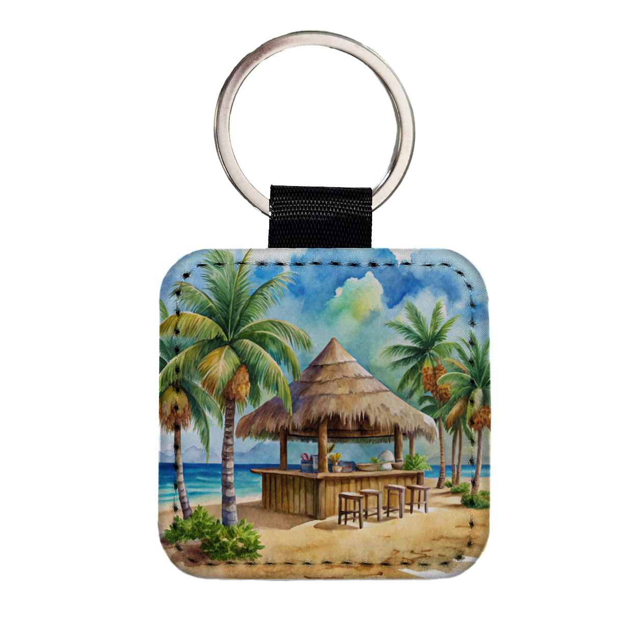 Beach Resort Tropical Scene With Tiki Bar Square Faux Leather Keychain