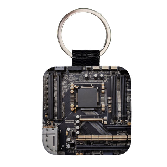 Black Gaming Computer Motherboard Square Faux Leather Keychain