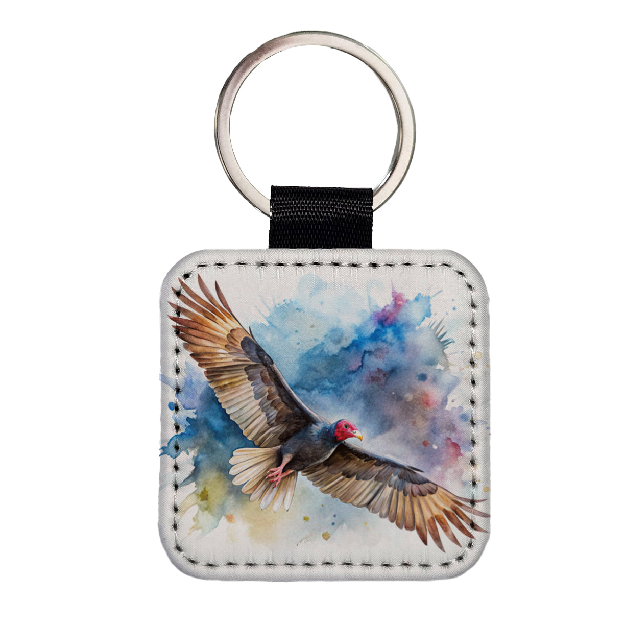 Black Turkey Vulture In Flight Watercolor Square Faux Leather Keychain