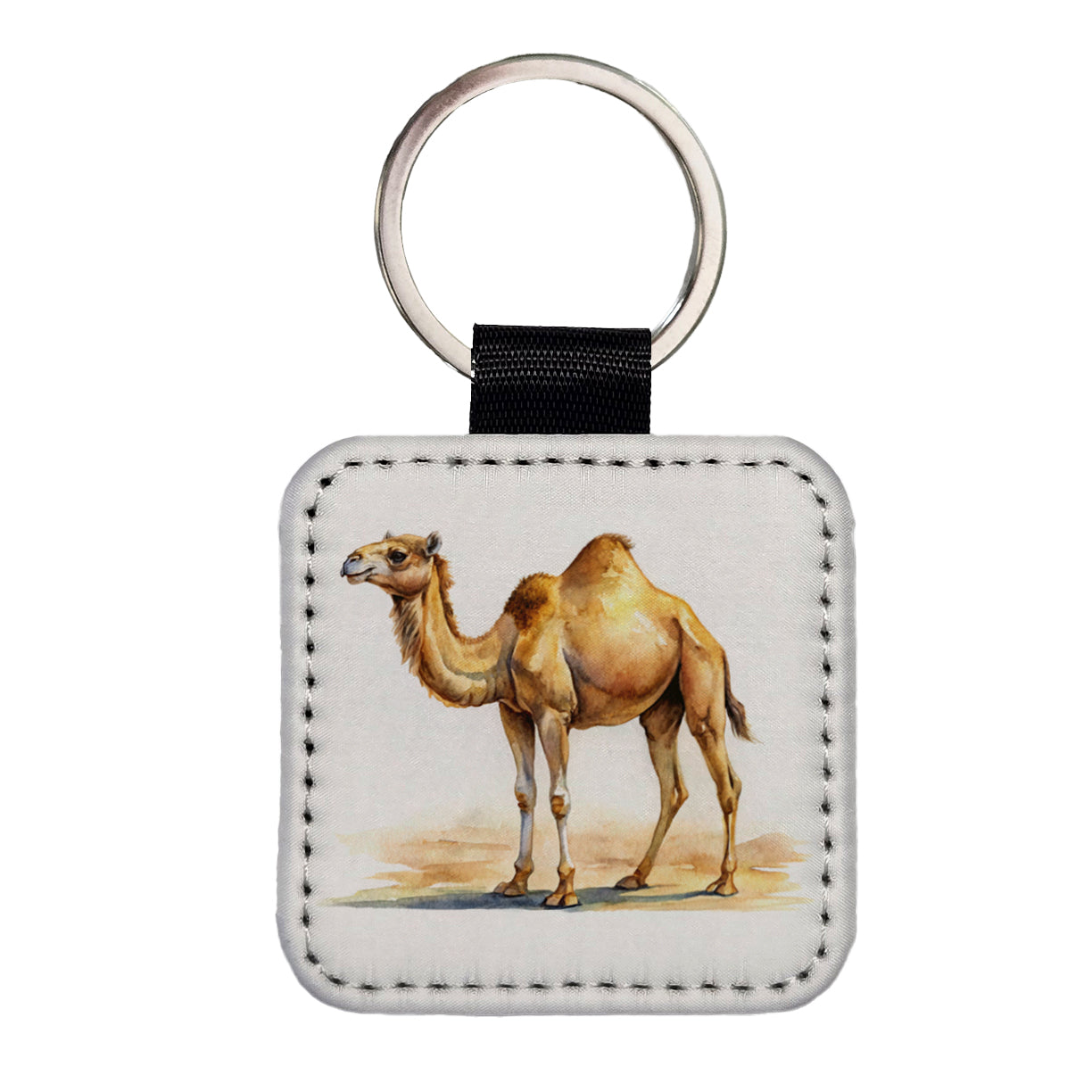 Camel Standing Watercolor Square Faux Leather Keychain