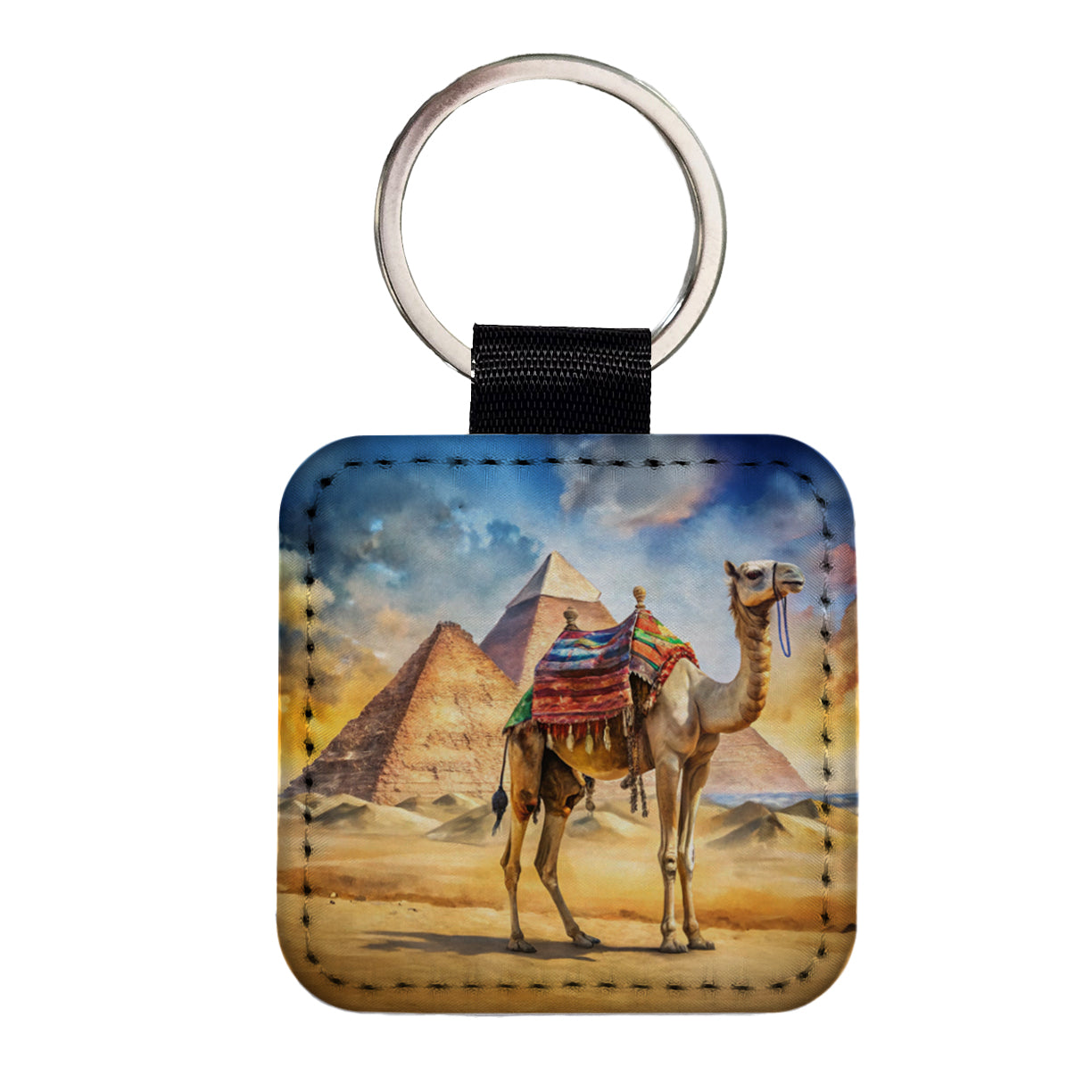 Camel With Pyramids In Background Watercolor Square Faux Leather Keychain