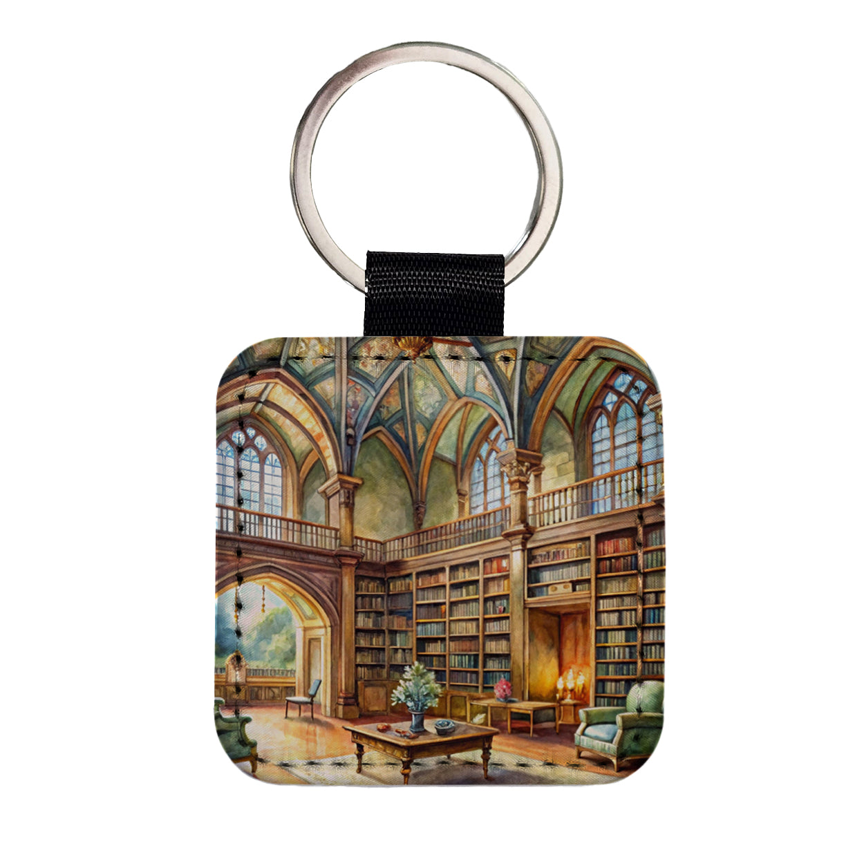 Castle Library Books Reading Watercolor Square Faux Leather Keychain