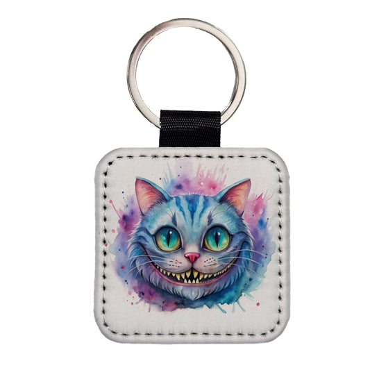 Cheshire Cat Alice in Wonderland Watercolor Square Faux Leather Keychain