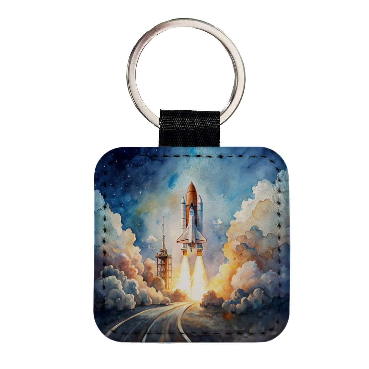 Classic Space Shuttle Launch Watercolor Square Faux Leather Keychain