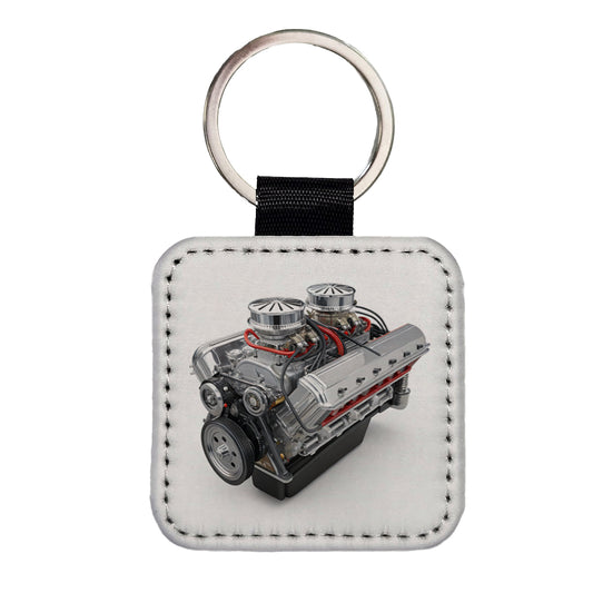 Classic V8 Muscle Car Engine Square Faux Leather Keychain