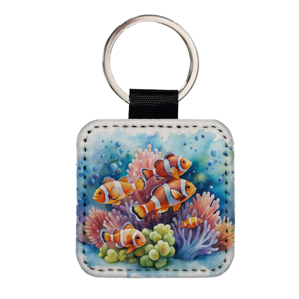 Clown Fish Swimming Around Coral Watercolor Square Faux Leather Keychain