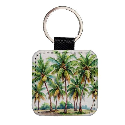 Coconut Trees Tropical Beach Watercolor Square Faux Leather Keychain