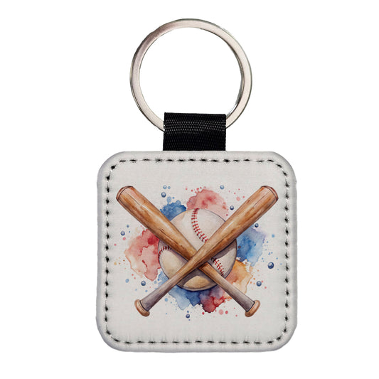 Crossed Baseball Bats And Balls Watercolor Square Faux Leather Keychain