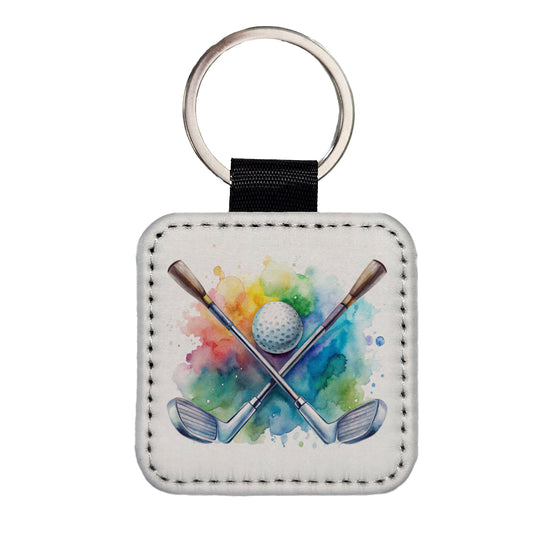 Crossed Golf Clubs And Ball Watercolor Square Faux Leather Keychain
