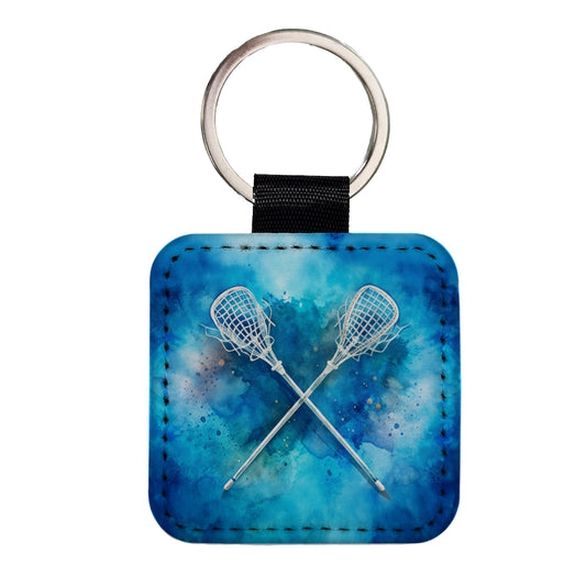 Crossed Lacrosse Sticks On Blue Background Square Faux Leather Keychain