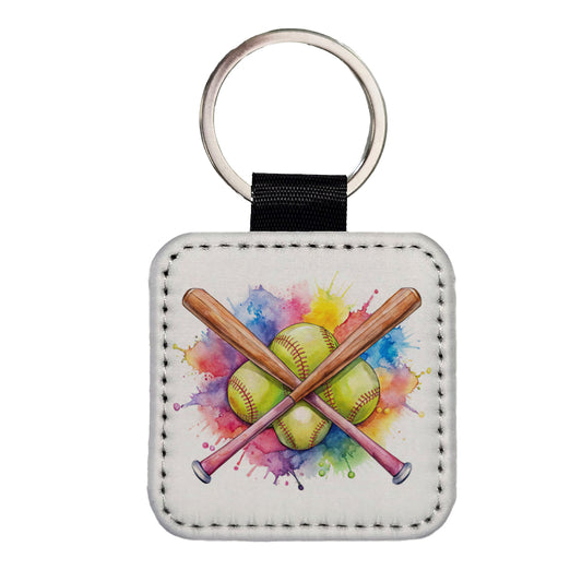Crossed Softball Bats And Balls Watercolor Square Faux Leather Keychain