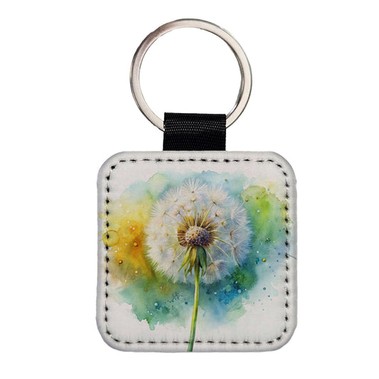 Dandelion Watercolor Square Faux Leather Keychain