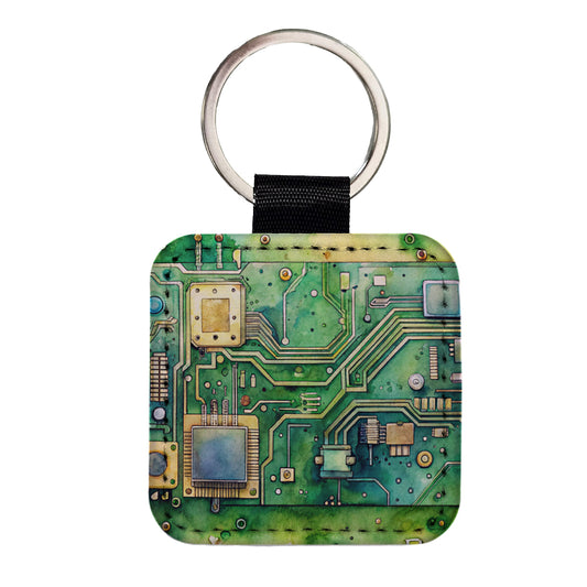 Detailed Circuit Board Watercolor Square Faux Leather Keychain