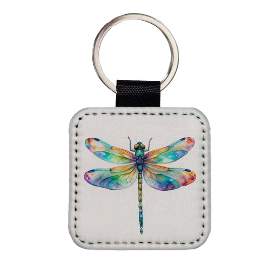Dragonfly Rainbow Watercolor Square Faux Leather Keychain