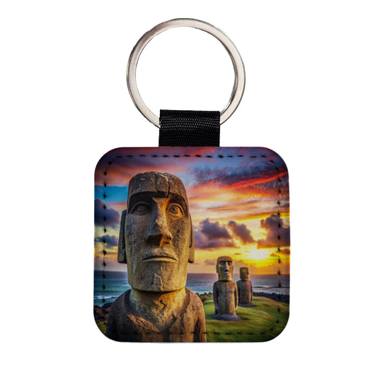 Easter Island Statues At Sunset Watercolor Square Faux Leather Keychain
