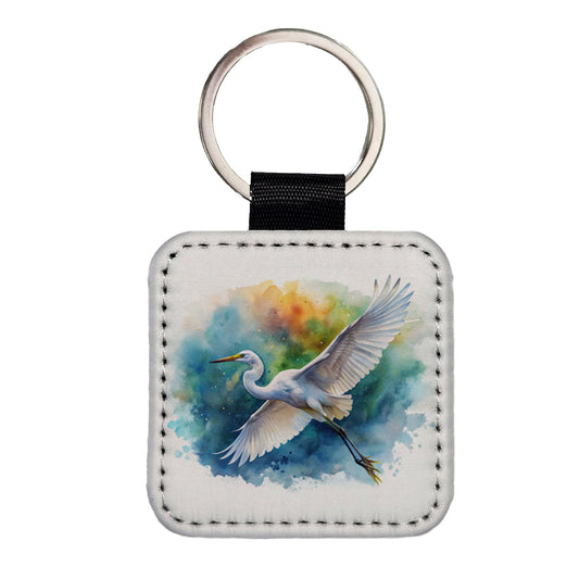 Egret In Flight Watercolor Square Faux Leather Keychain