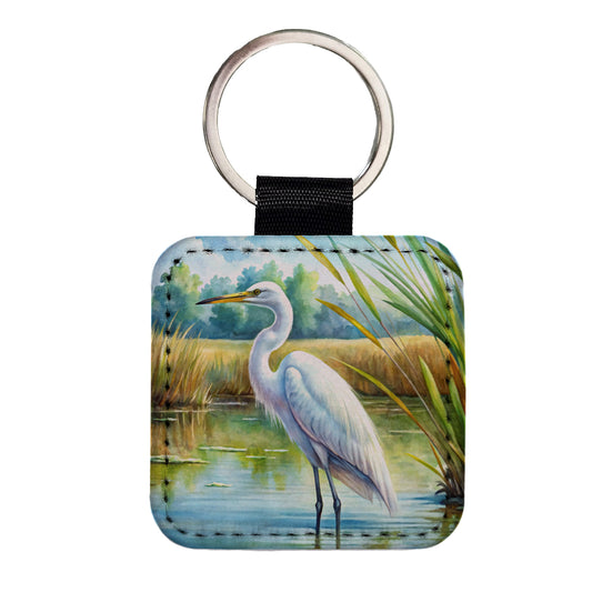 Egret Standing In Marshes Watercolor Square Faux Leather Keychain